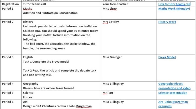 Remote Learning Example Timetable, Great Park Academy 